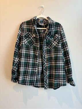 Centro Dark Green, Black and White Plaid Flannel Button-Down Shirt